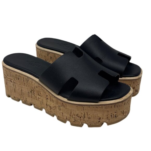 Hermès Eze 30 Black Wedge Sandals Sz-37 - Picture 1 of 5